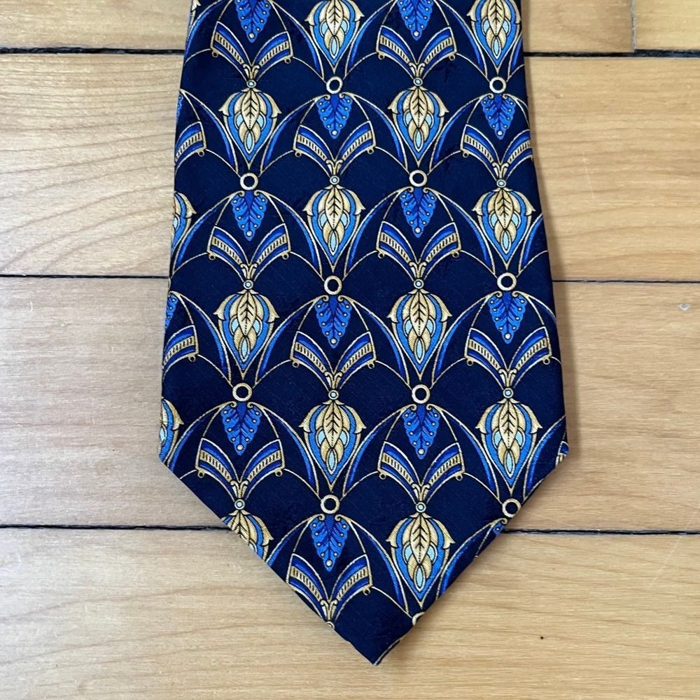 Christian Dior Monsieur Mens Silk Tie Navy Blue Gold Art Nouveau Leaf Pattern